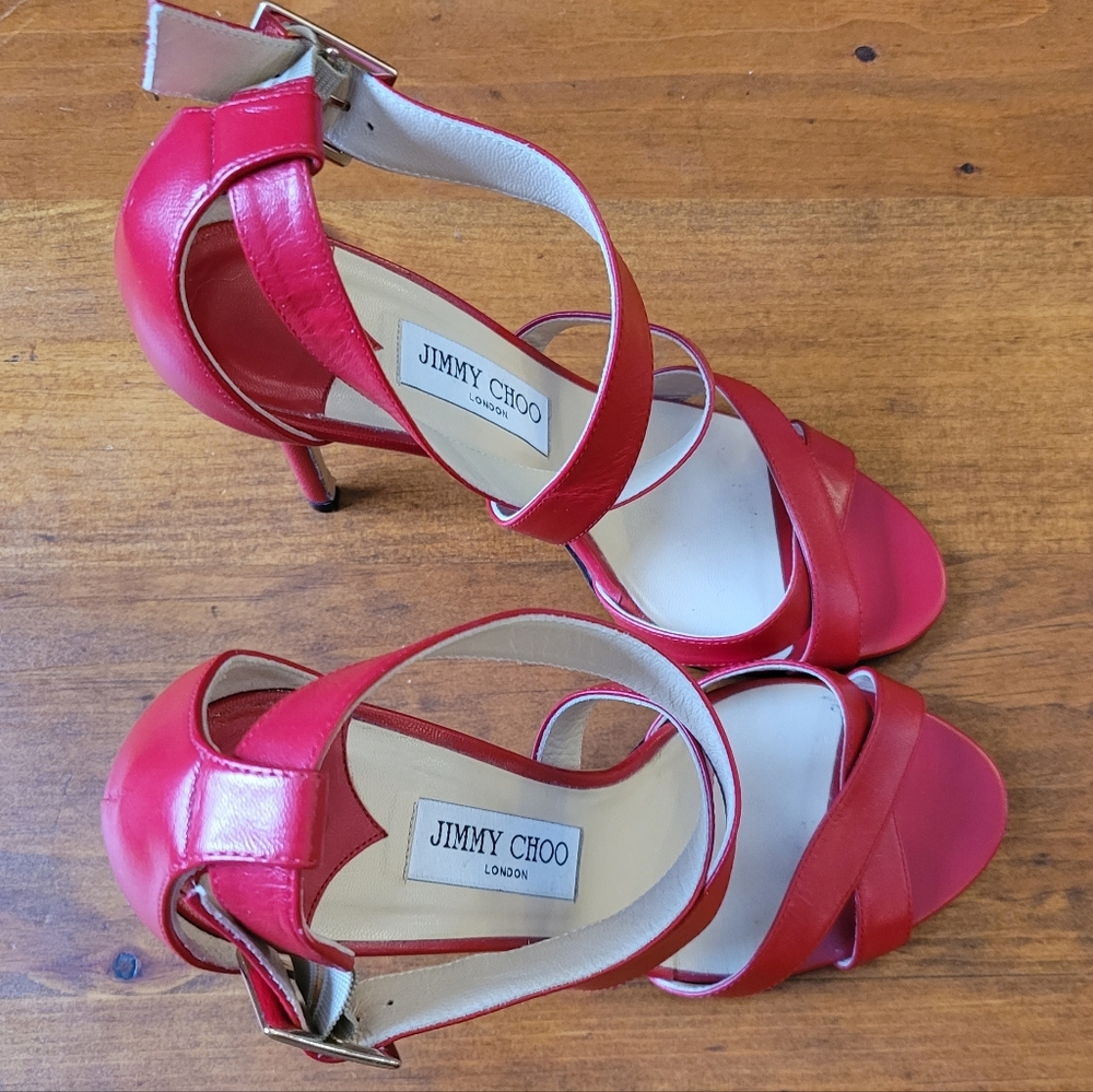 Jimmy Choo Red Leather Lottie Sandal Heels Size 38.5 Or US 8 - Picture 6 of 11